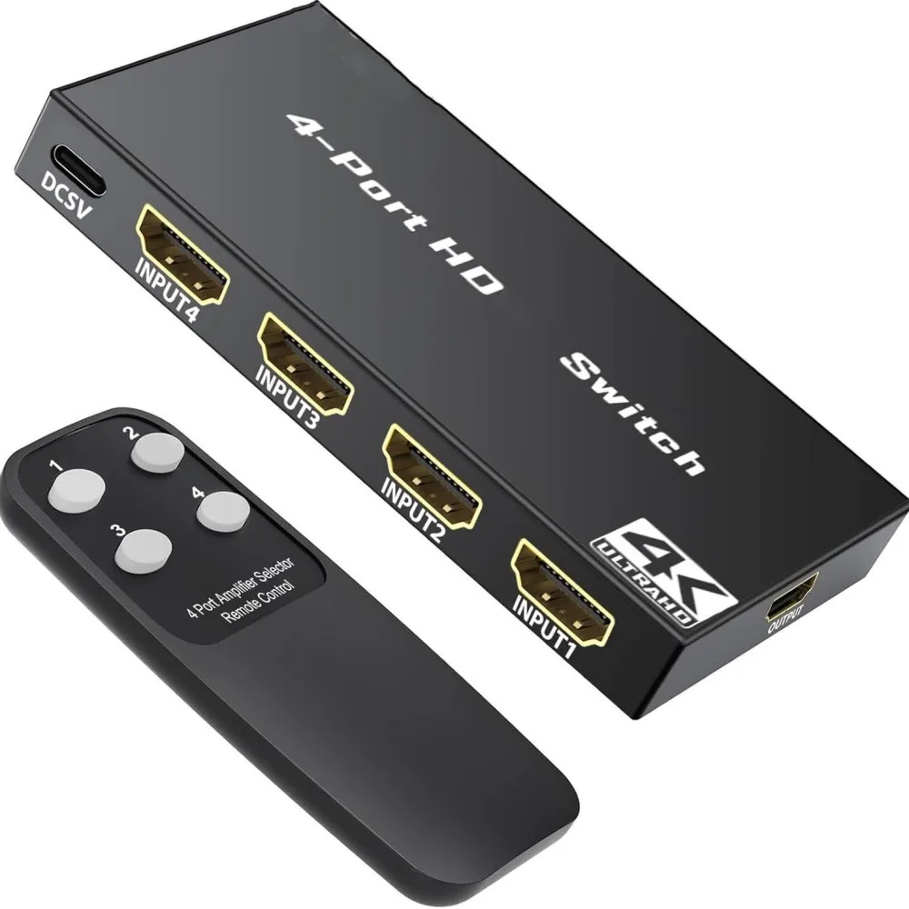 4 in 1 Out HD Switch 4K 30Hz with Remote Control 10.2Gbps High Speed HDTV Selector Splitter for PS5 Xbox Blu-ray PC TV