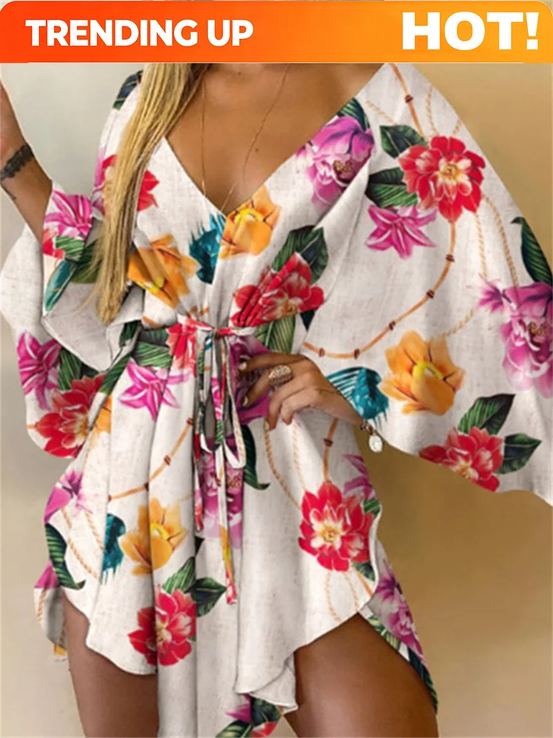Customization Women Print Dress Sexy V-Neck Bat Sleeve Ruffl Flowers Print Bohemian Beach Sundress Ladies Loose Summer Vacation