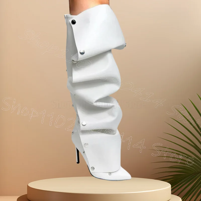 

Metal Button White Pleated Design Pointed Toe Boots Slip On Women Shoes Thin High Heels Party Banquet 2026 Zapatos Para Mujere