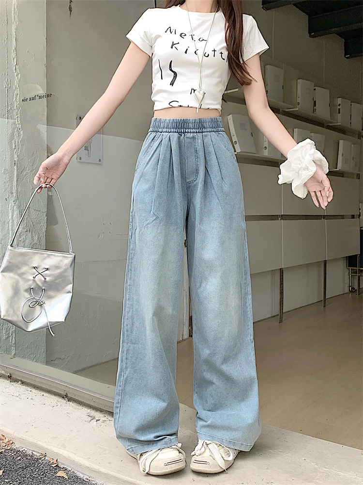 

Широкие джинсы с высокой талией, женские тонкие свободные брюки для похудения длиной до пола, удобные эластичные джинсовые брюки