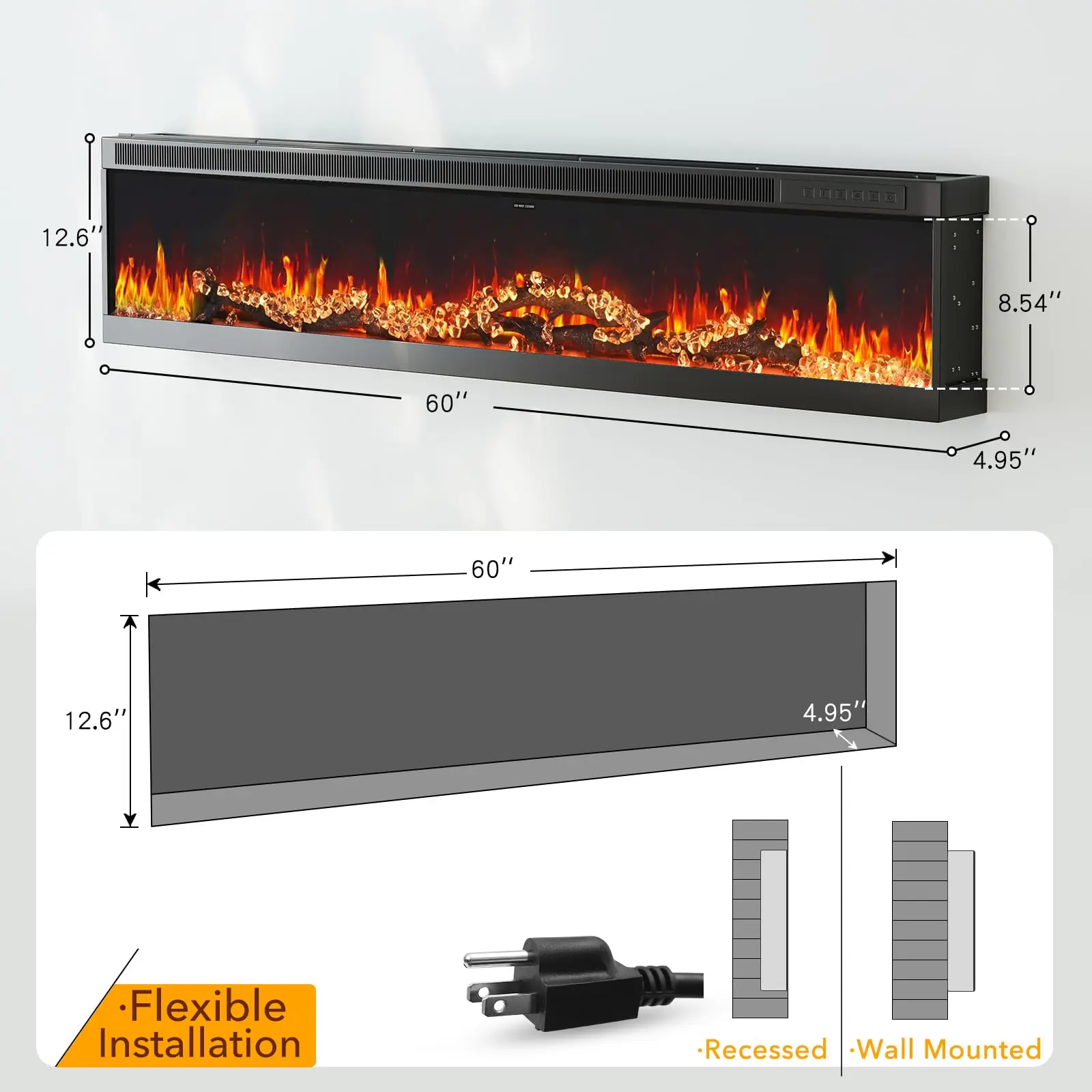 60 inch Upgraded Electric Fireplace-Ultra Narrow Bezel and Simulated Flame, Wireless Speaker, Ultra Large Flame