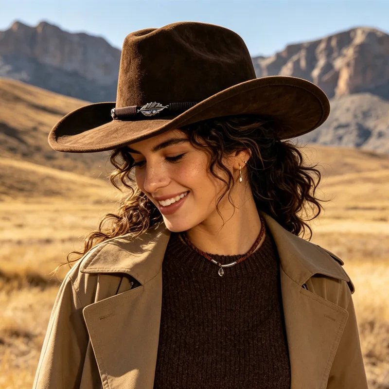Western Cowboy Style Panama Wool Felt Hat for Women Men Outdoor Sun Protection Wide Brim Fedora