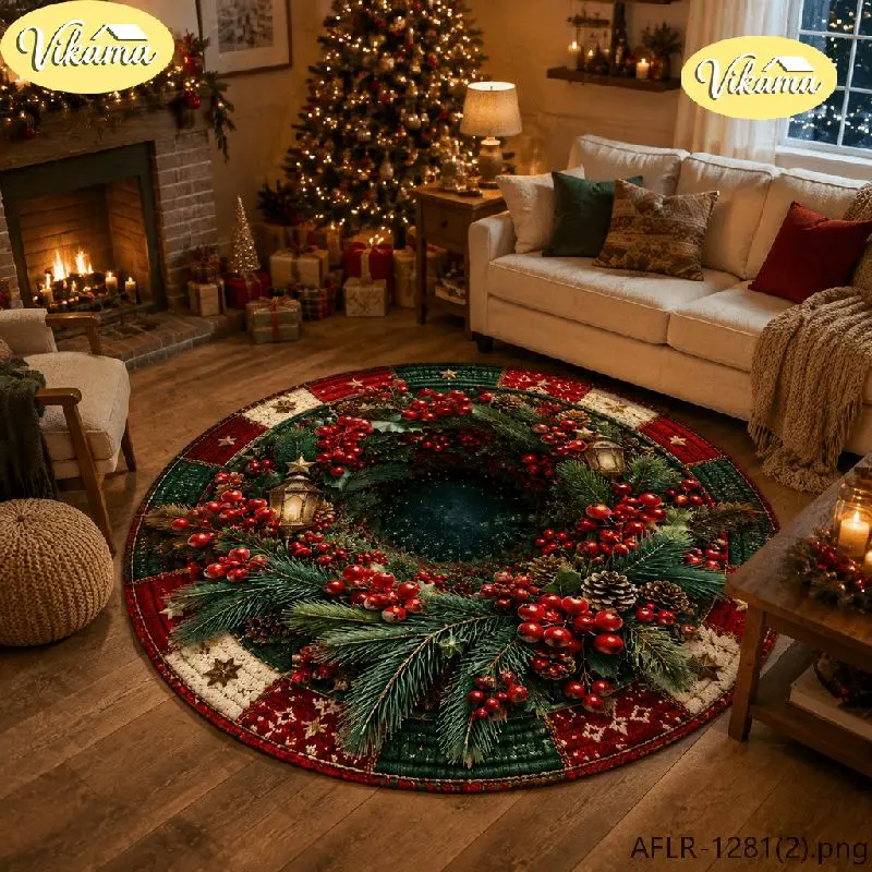 VIKAMA Christmas Round Rug Candy Cane Tunnel 3D Snowman Area Rug Living Room Holiday Home Decor Aesthetic Art Large Premium Cute
