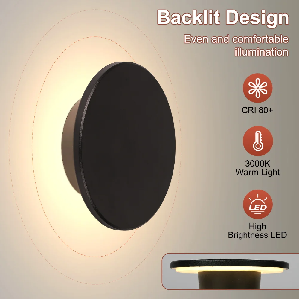 Modern Round Wall Lamp Warm Light 15cm/20cm LED Black/White Plastic Wall Light Fixture Easy Install for Living Room Bedroom