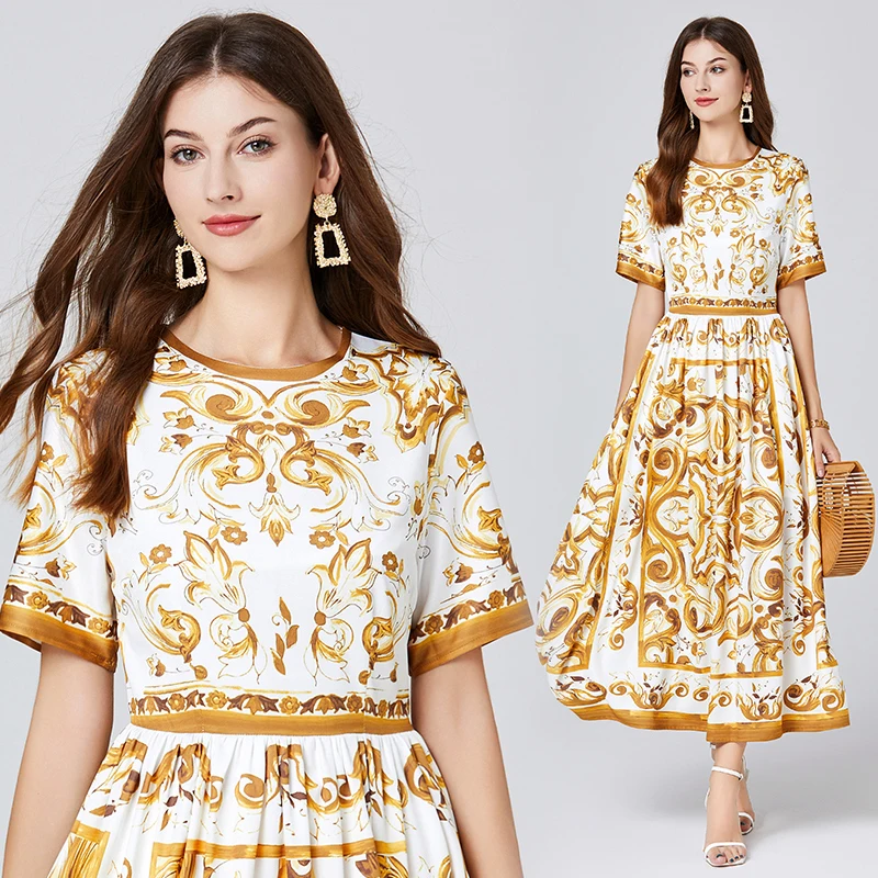 Vestido feminino estampado em porcelana, manga curta, cintura alta, vestido longo de férias, passarela estilista, amarelo azul e branco, moda verão
