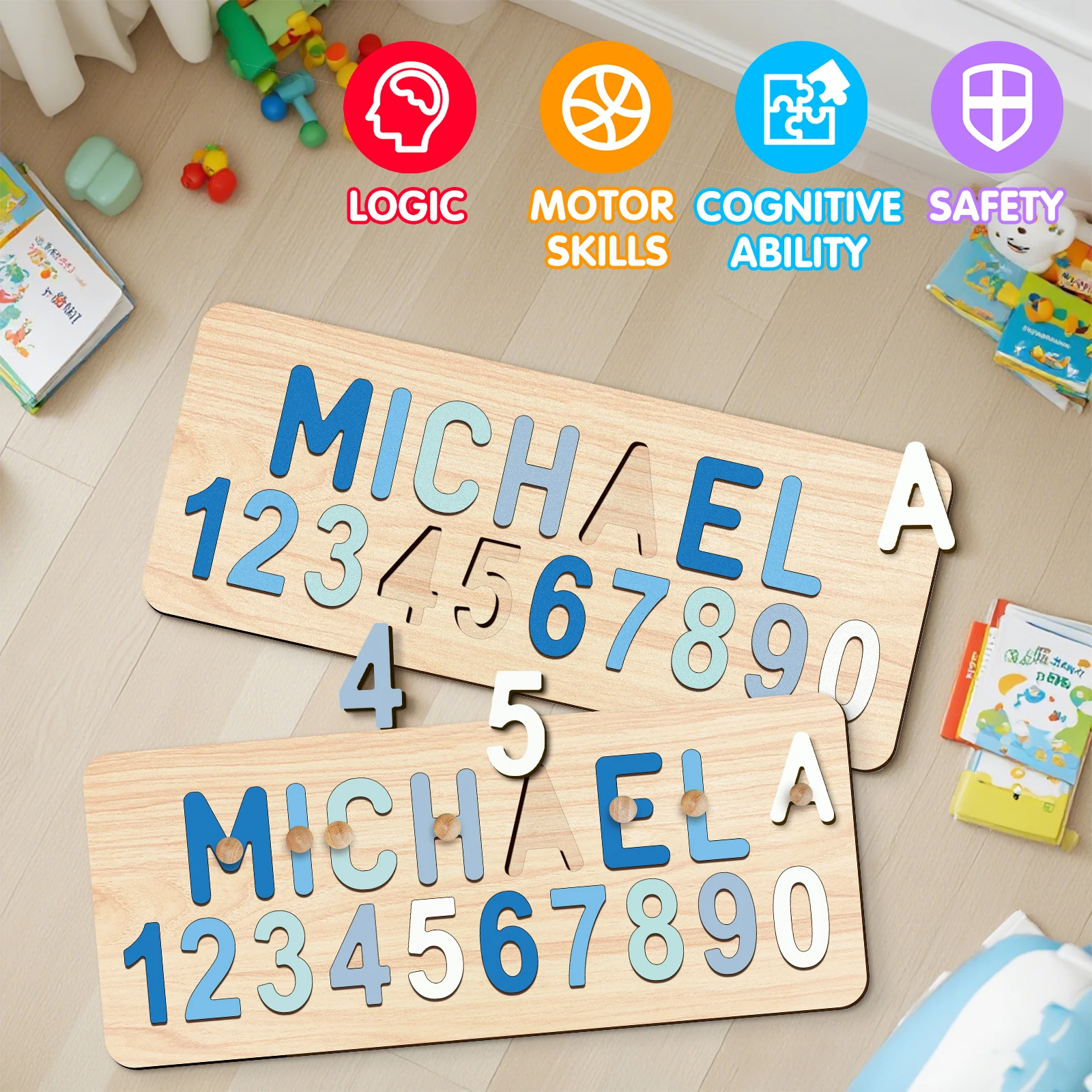 Puzzle d'éducation précoce pour enfants sur mesure : puzzle en bois avec lettres et chiffres. Personnalisé avec le nom de l'enfant pour une croissance intelligente.