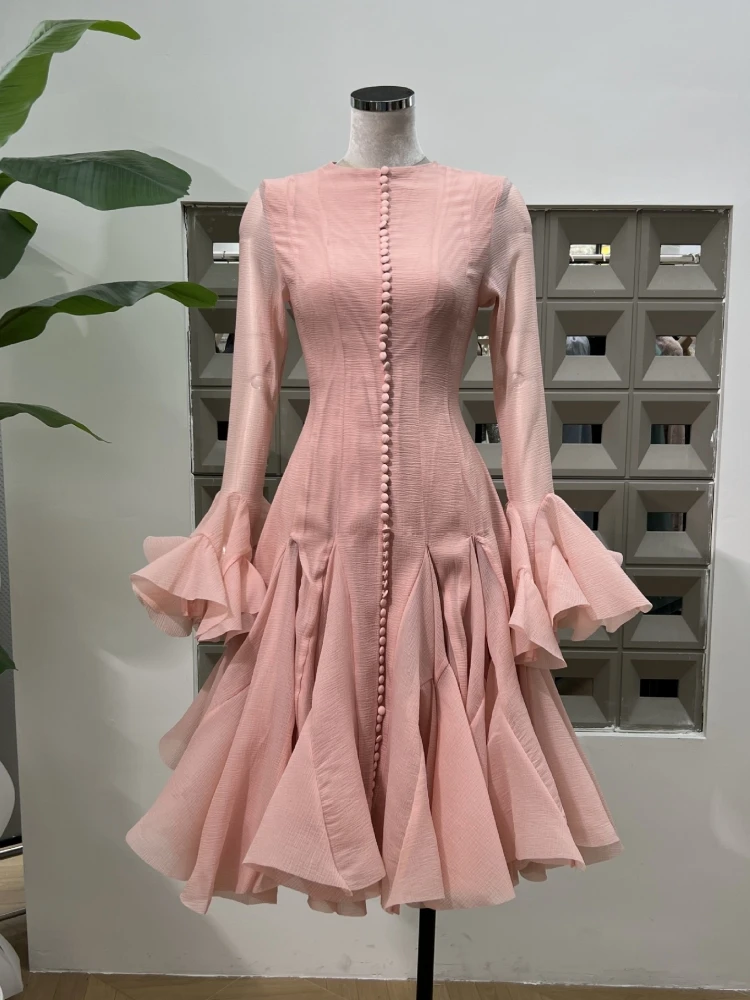 فستان ميدي مثير بياقة دائرية وأكمام طويلة غير منتظمة بطيات مرقعة للنساء فساتين ضيقة بأكمام مضيئة وردية اللون وحفلات الكوكتيل #4