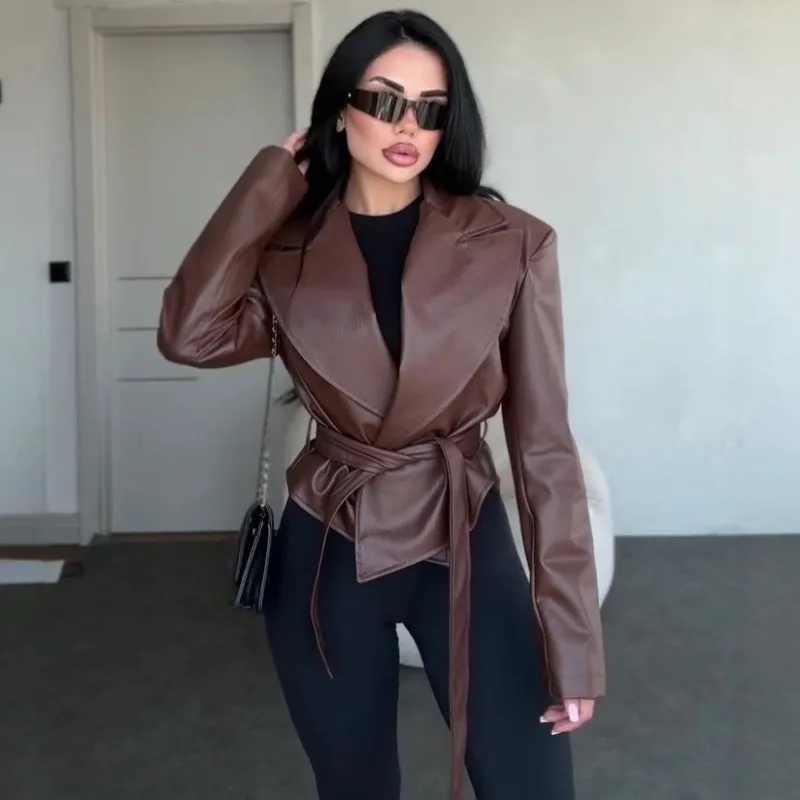 FL Women 2026 New Hot Selling Fashion Elegant Lapel Collar Belted Faux Leather Jacket Coat Spring Autumn Versatile Hit