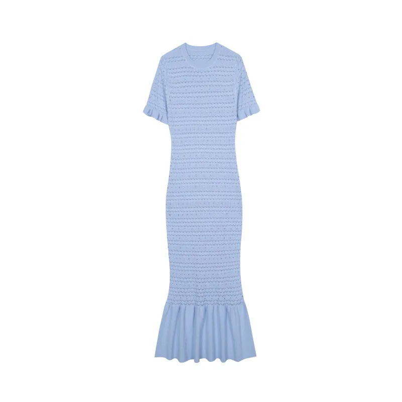 High-end Quality Lotus Leaf Knitted Dress Light Blue Round Neck Short Sleeve Hollow Hot Drill Sleeve Commuter Women's Clothing