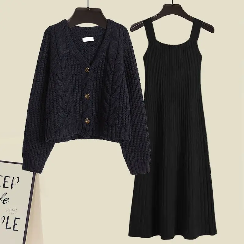 

Casual Two Piece Sets Women Fall V-neck Loose Top Elastic Waist Long Skirt Fashion Office Lady Korean Knit Suit