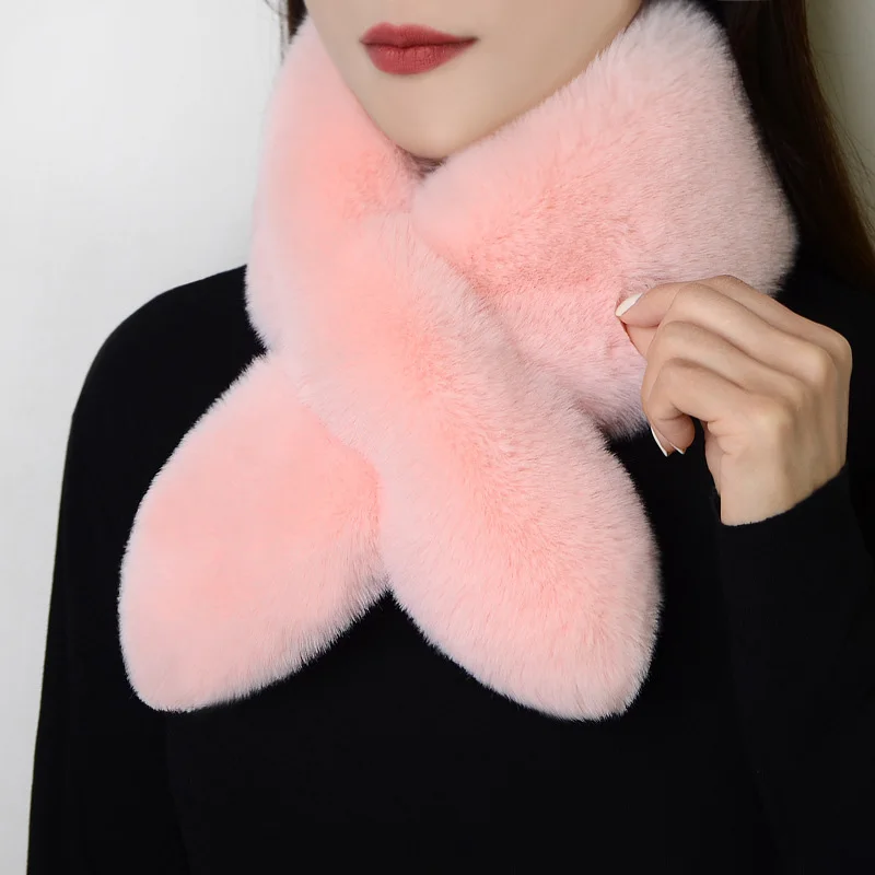 Winter Thicken Warm Cross Scarf Women Soft Faux Rabbit Fur Collar Neck Protection Shawl Solid Color Plush Wrap Warmer Scarves