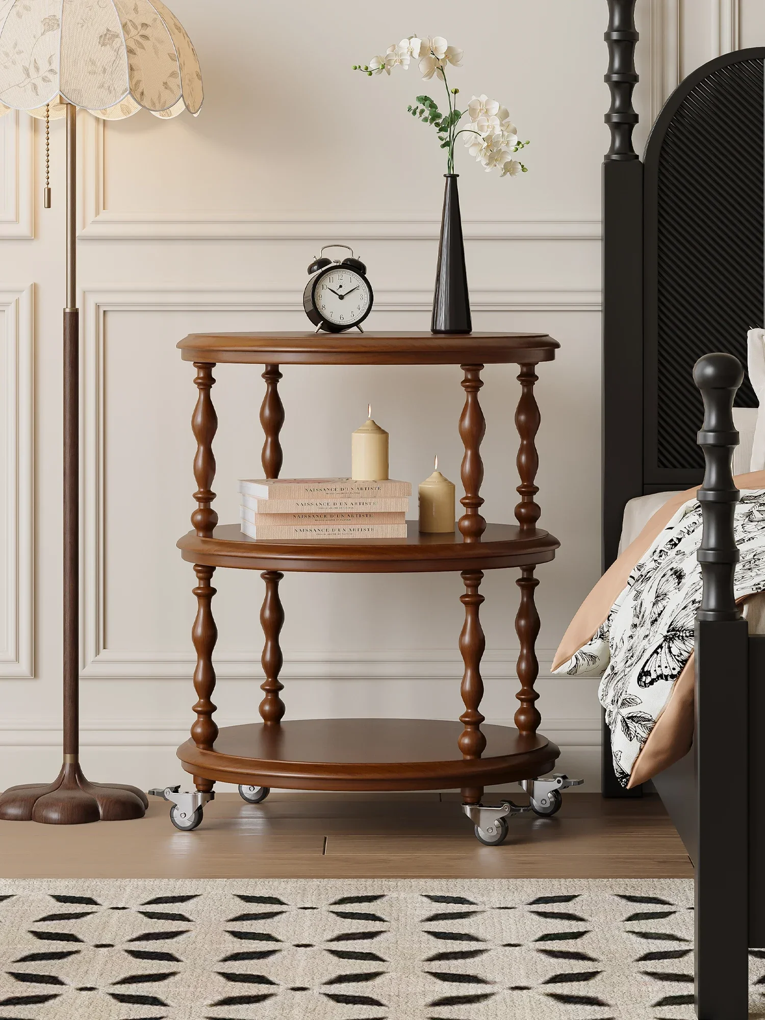 Solid wood simple round design three-layer edge table, living room sofa corner shelf, retro movable corner table