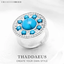 Round Blue Ornament Ring,Europe Style Glam Fashion Good Jewelry For Women Spring Gift In 925 Sterling Silver