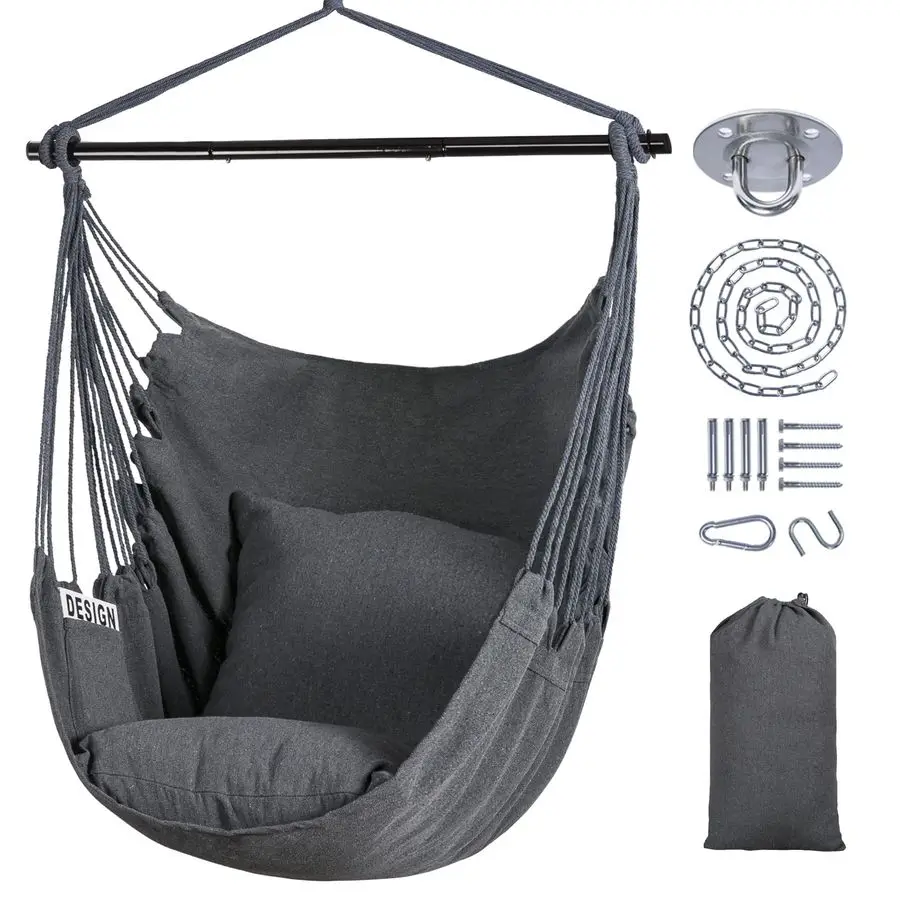

Hammock Chair Swing with Steel Support Bar, Side Pocket, Large Hanging Chair Outdoor, Max 450lbs Capacity, Dark Gray