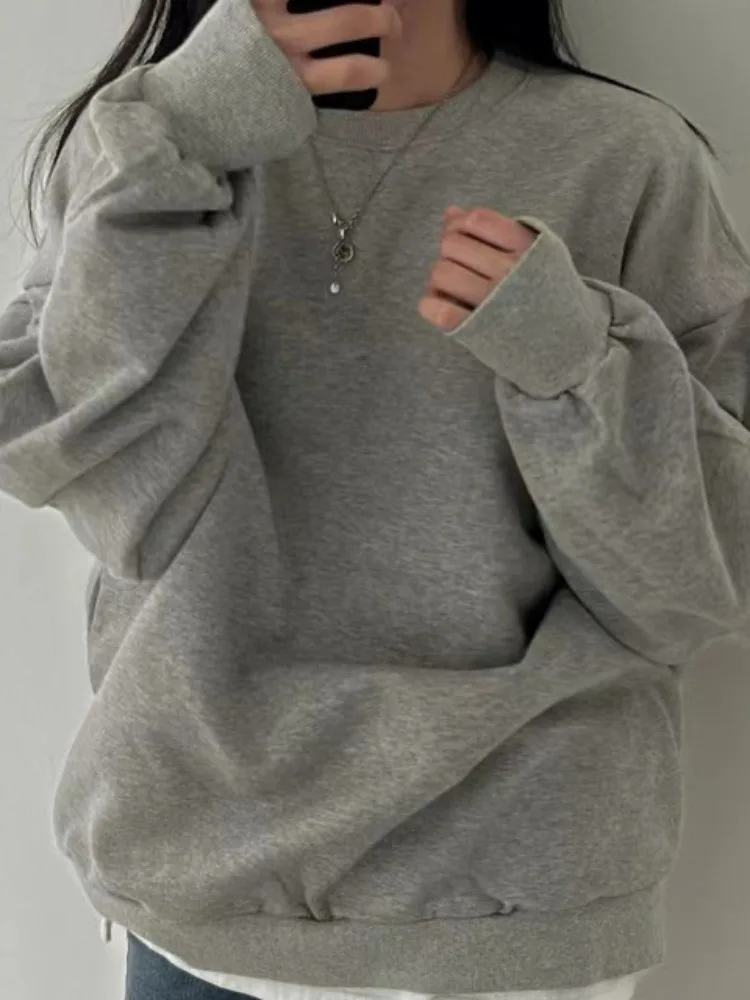 시크 빈티지 라운드 넥 긴팔 스웨트셔츠 여성 캐주얼 다용도 레이지 스타일 그레이 탑 봄 가을 겨울 신상품