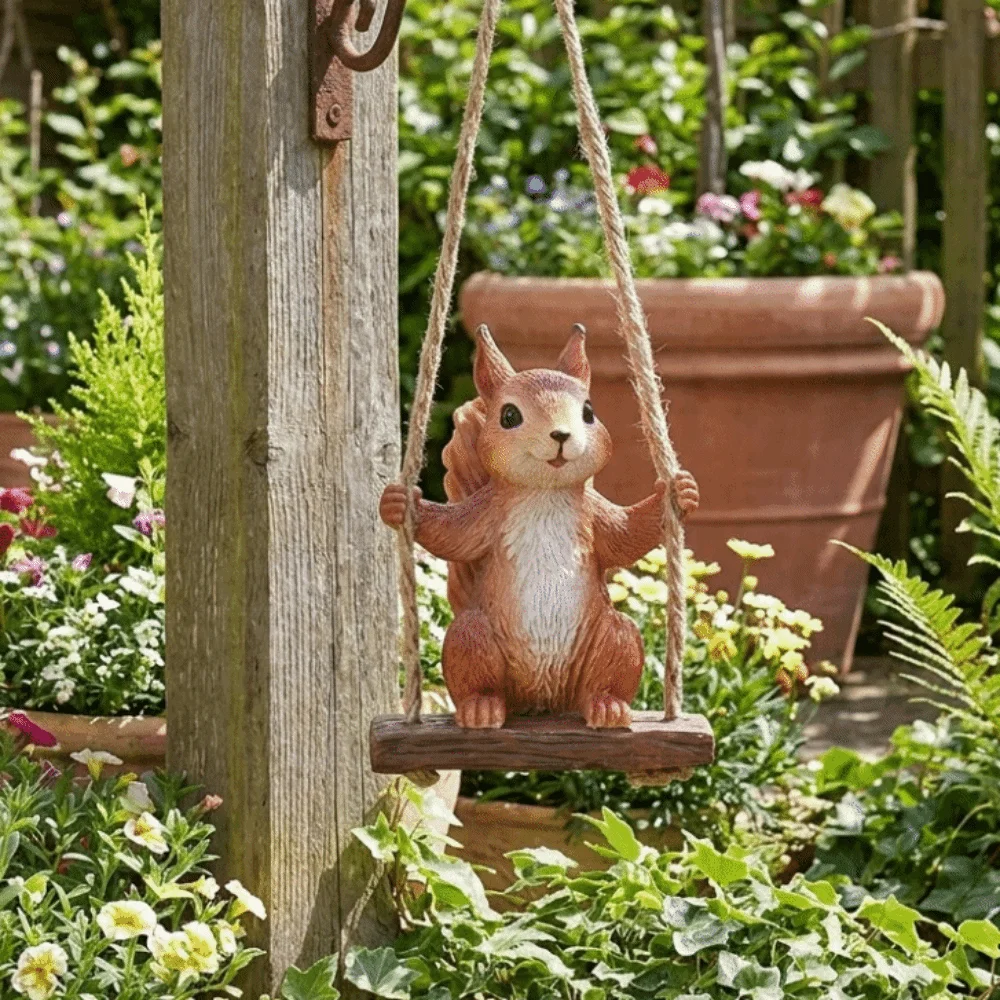 Lifelike Swinging Squirrel Statue Weatherproof Hanging Squirrel on Swing Handicraft Resin Garden Decoration Yard