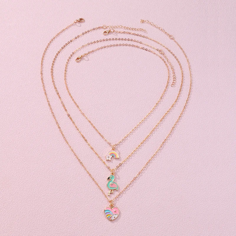 Luoluo&baby 3Pcs/set Cartoon Heart Rainbow Bird Pendant Necklace for Girl Kids Friendship BFF Necklaces Best Friend Jewelry Gift