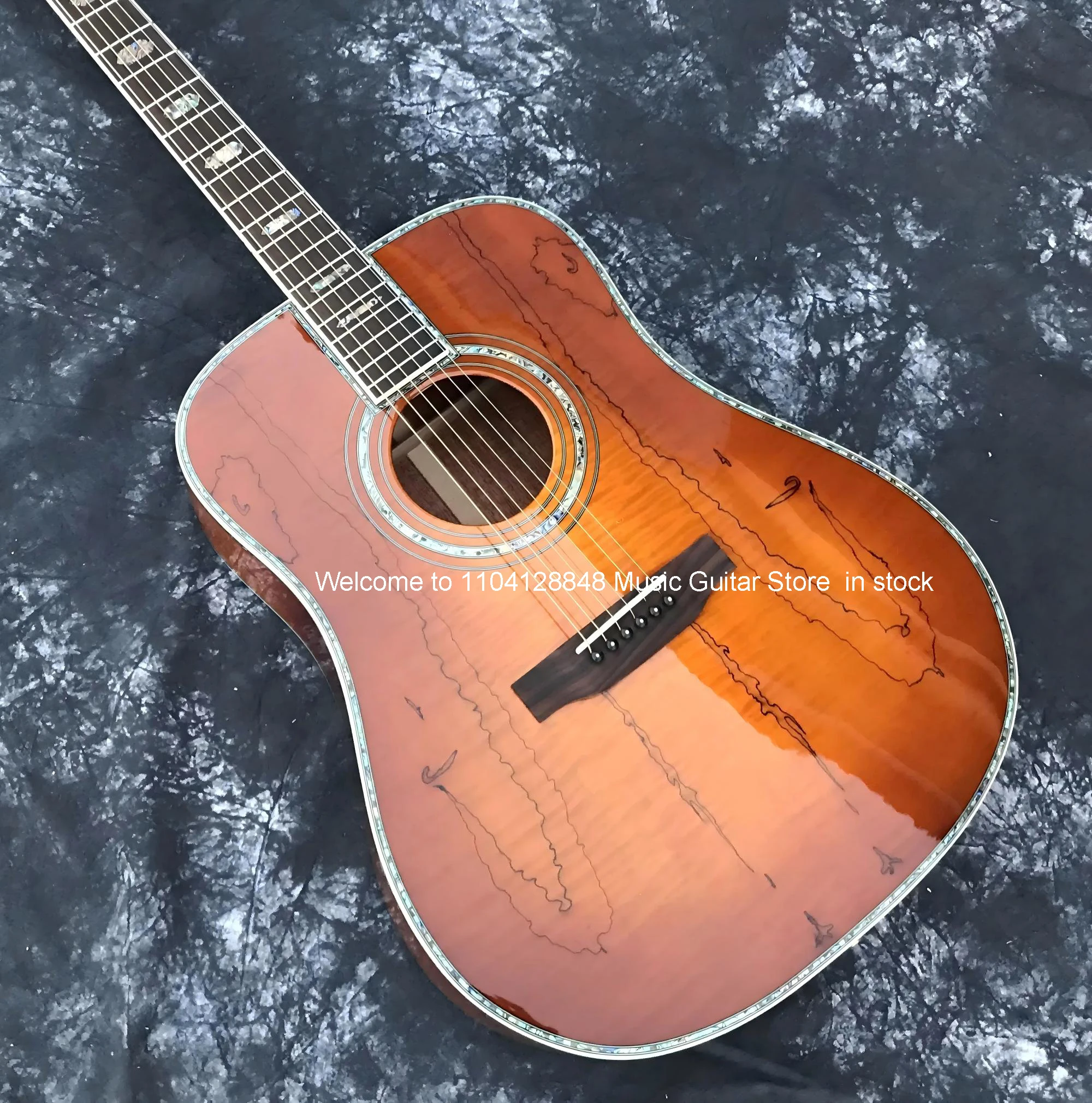 Custom D Style Flame beige acoustic guitar, abalone Mosaic, 41