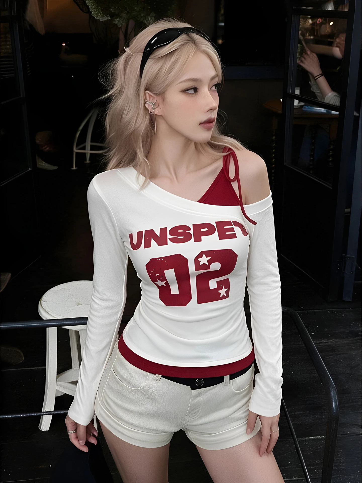 American Style Shoulder Bared Long Sleeve T Shirt Women's Streetwear Jazz Dance Red Top Breathable Comfortable Cotton Blend