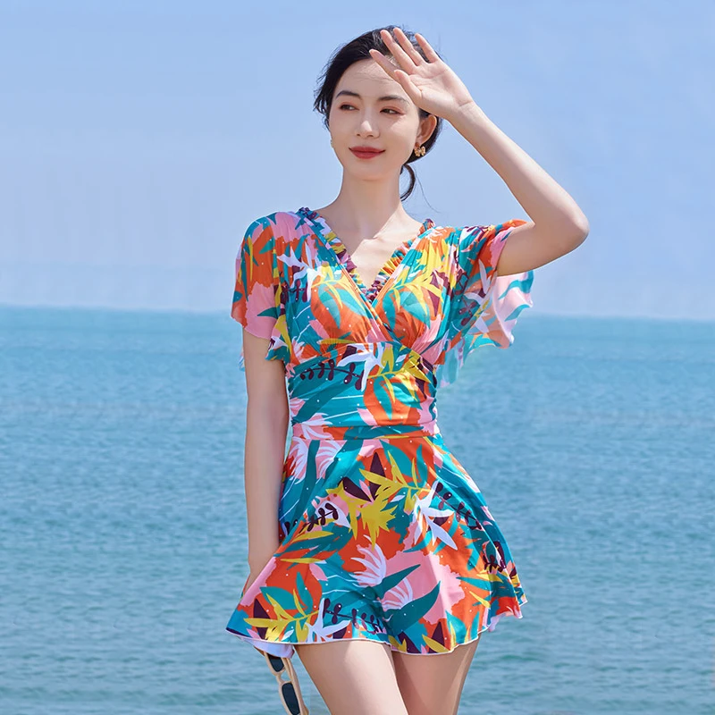 

Short Sleeve Flounce V Neckline Sexy Swimwear Women One Piece Bathing Suit Monokini Swimsuit With Skirt Beach Wear