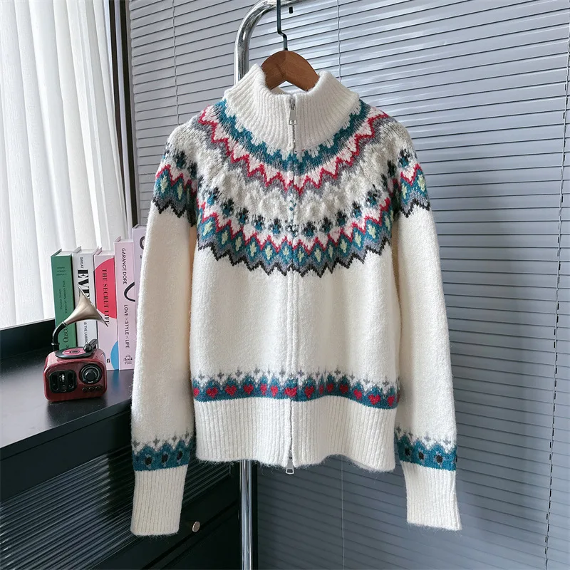 Women'S Fair Isle High-Neck Padded Sweater College Style Lazy Soft Zip Up Knitted Cardigan for Korean Autumn And Winter New