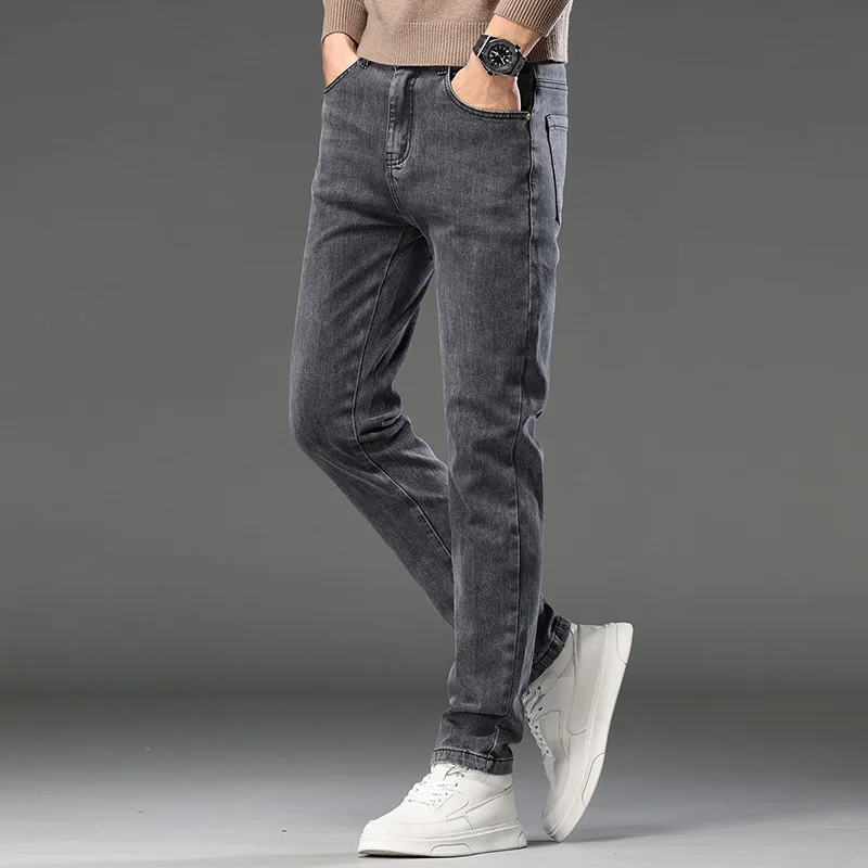 Celana Jeans Pria Model Straight-Leg Musim Semi & Gugur Terbaru, Kualitas Tinggi, Bahan Stretch