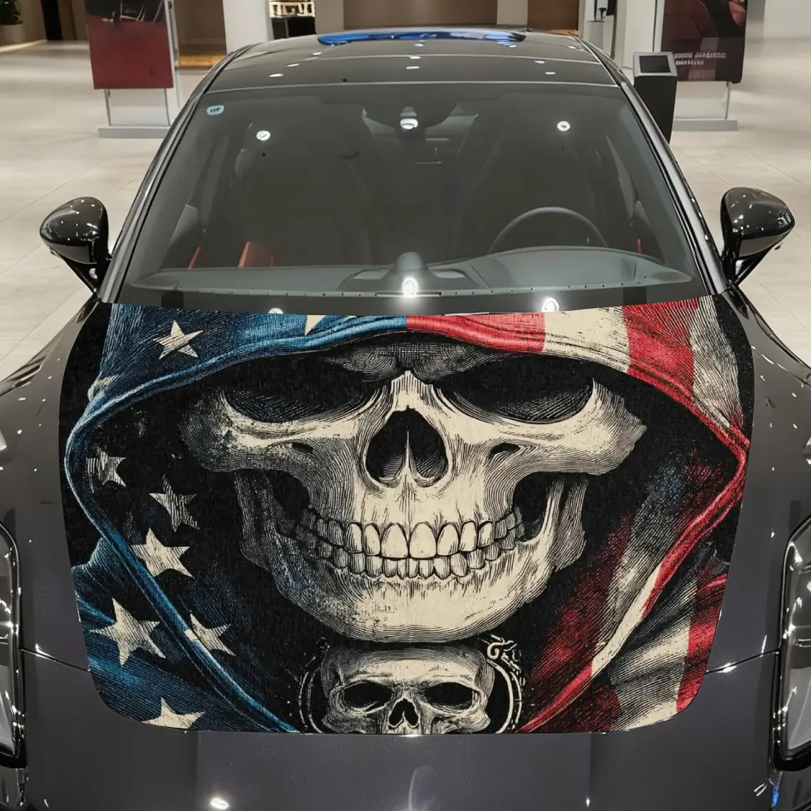Flag Element Hood Skeleton Pattern Car Hood Stickers, Decorative Car Wrapping Paper, Bold Designs, Halloween Decorations, Car Pa