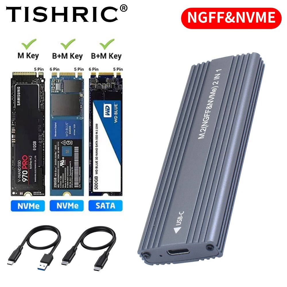 حافظة TISHRIC M2 SSD M.2 NVMe SATA بروتوكول SSD محول الضميمة 10Gbps USB3.1 USBC حافظة خارجية تدعم مفاتيح M وB&M للكمبيوتر الشخصي
