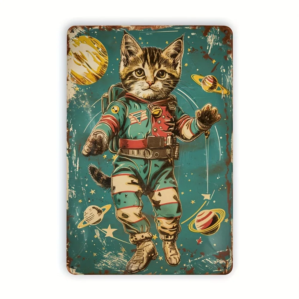 Vintage Cat in Pajamas Metal Wall Art, Space Theme 8x12 Inch Rustic Sign for Children‘s Room & Home