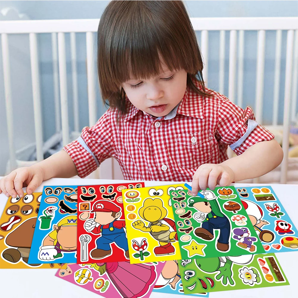 Autocollants de puzzle de jeu Super Mario pour enfants, faire un visage, bricolage amusant pour enfant, assembler un puzzle, décalcomanie, jouet, décoration de fête d'anniversaire, 8 feuilles, 16 feuilles