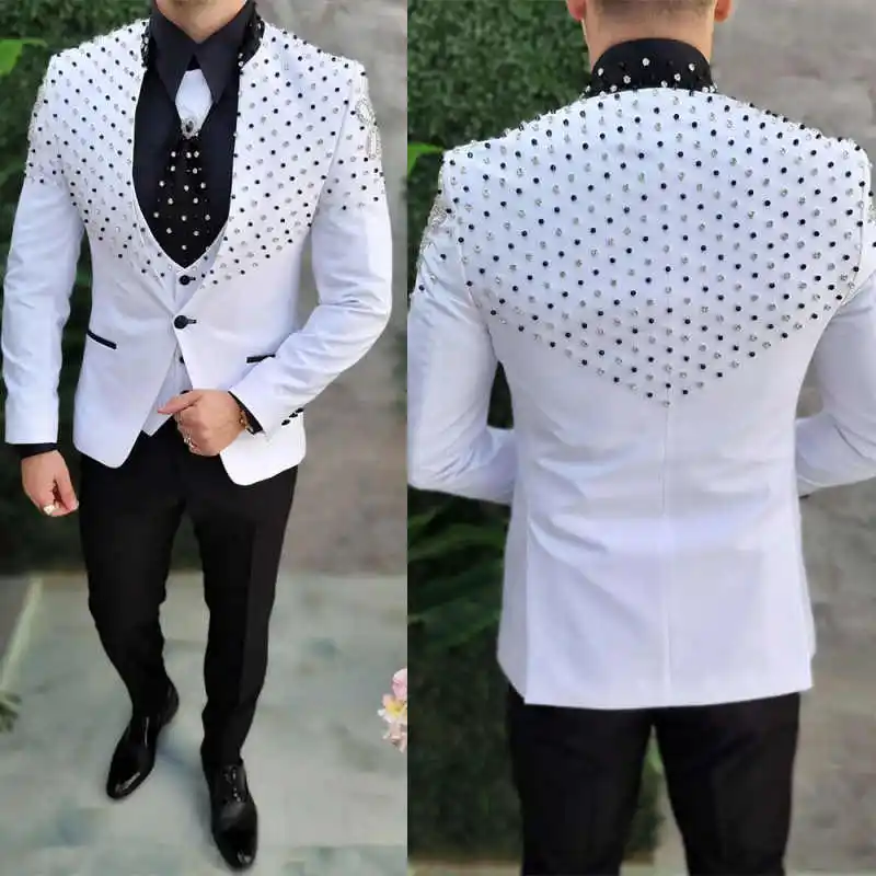 Elegant Diamond Mens Suits 2 Piece Blazer Pant Single Breasted V-Neck Beading Formal Occasion Wedding Customized