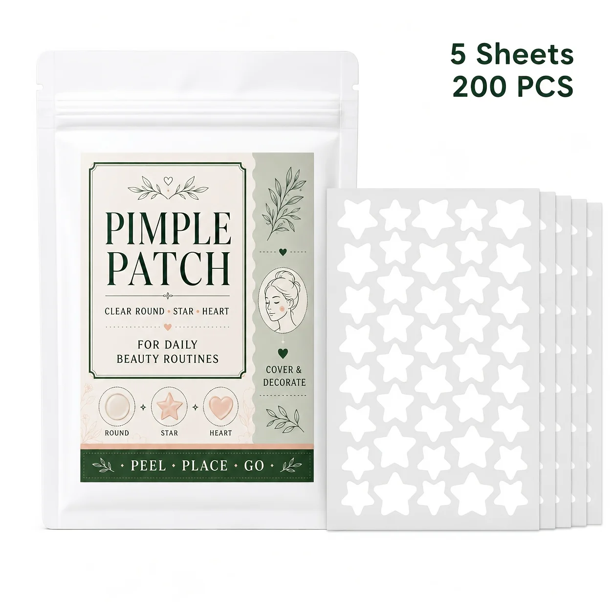 200PCS Transparent White Star Hydrocolloid Pimple Patches, Cute Face Stickers, Blemish Cover Patches, Home Care Set