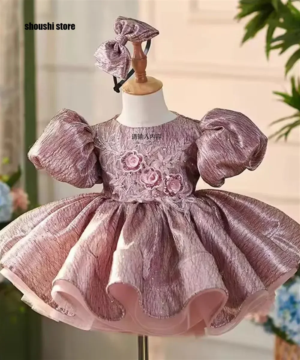 

Dusty Pink Lace Knee Length Girl Dress with Sleeve Princess Children Birthday Wedding Party Pageant Ball Gown