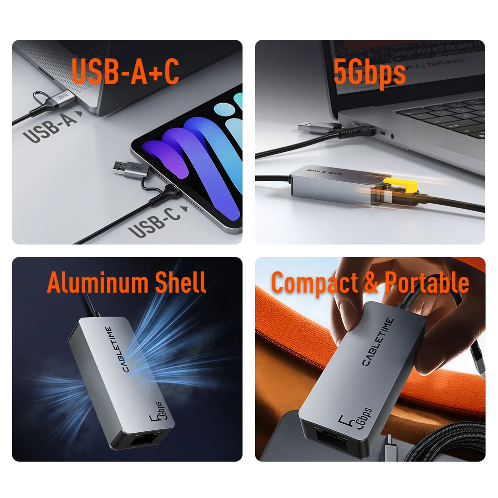 CABLETIME 5Gbps USB C/USB A Ethernet Adapter LAN Port RJ45 Network Card Aluminum Shell for MacBook Laptop Computers