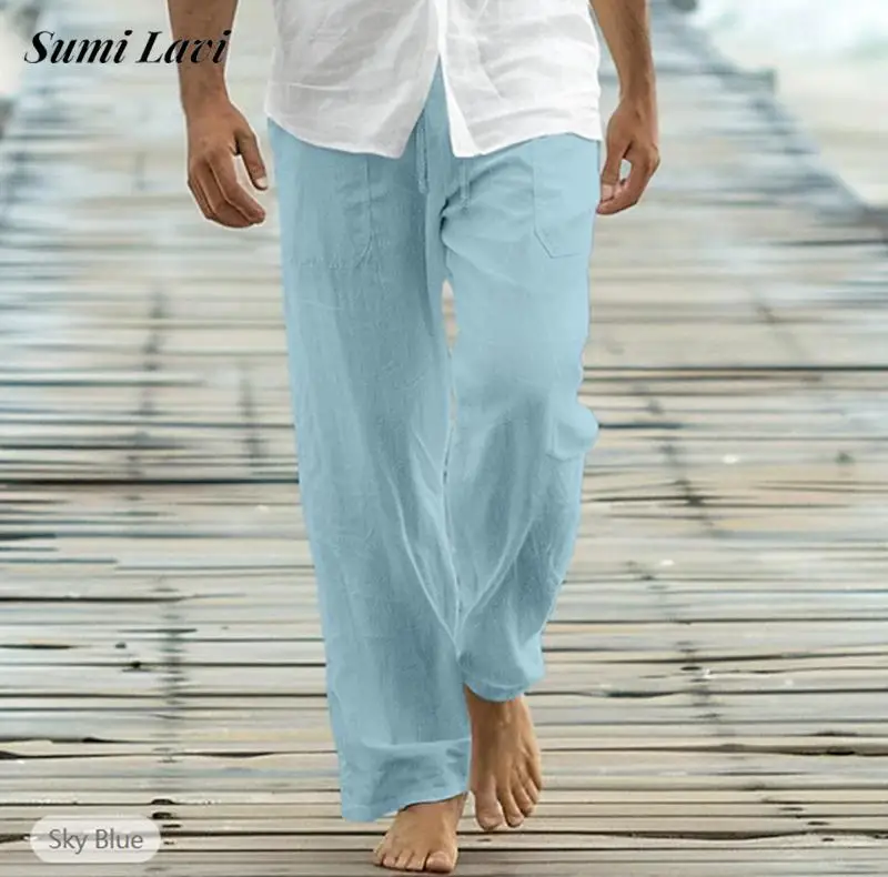 

Daily Leisure Breathable Loose Straight Pants Mens Summer Vacation Seaside Beach Casual Pants Solid Color Drawstring Men Pants