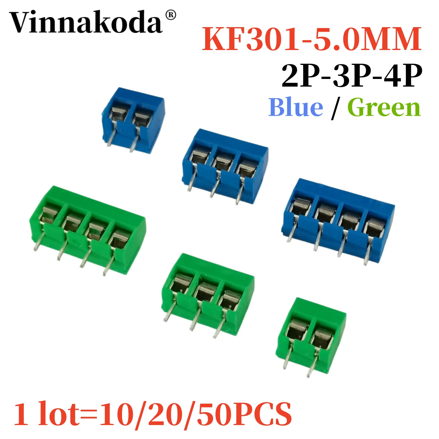 

10/20/50PCS PCB Terminal Block Connector KF301-5.0mm 2P 3P 4P Screw PCB Terminal Blocks Connector Assortment Kit Blue/Green
