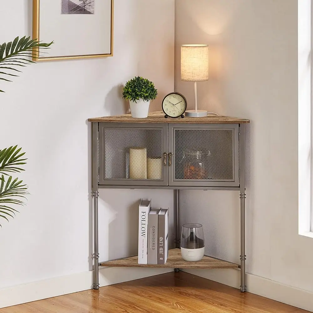

Corner Cabinet/Table, 3-Tier Display Shelves With Protection Door, Metal Frame Storage Shelf Organizer For Small Space, Living