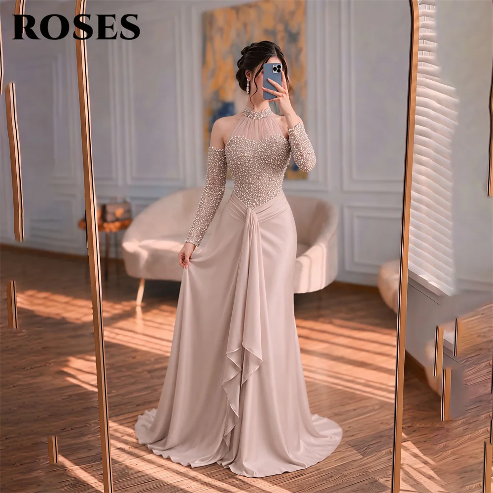 ROSES Blush Pink Party Dress Off Shoulder Long Sleeve Evening Dress Beading On Chest Party Gown Prom Gown for Women Customized