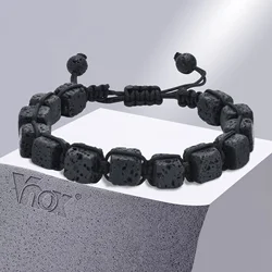 Vnox Black Lava Stone Bracelets, Mens Energy Power Natural Stone Wristband, Classic Handmade 8mm Geometric Square Beads Bracelet