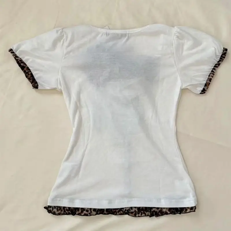 Aesthetic Vintage Leopard Print Hot Girl T-Shirts Women Design Y2k Short Sleeve O-neck Slim Tops Retro Casual Summer Clothing