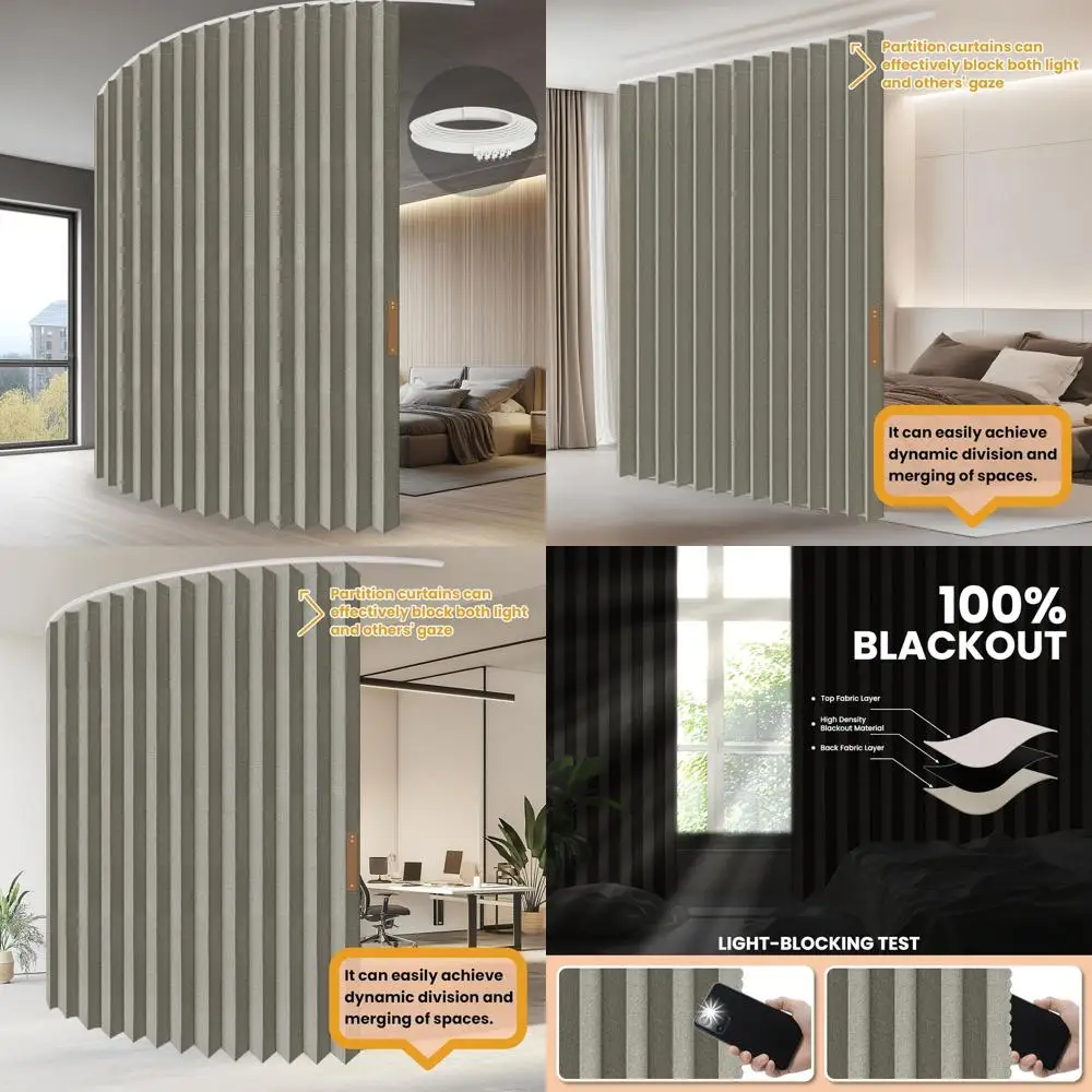

Grey Room Divider with Ceiling Track - Easy Hanging Accordion Partition, 180 W x 96 L, Quick Setup