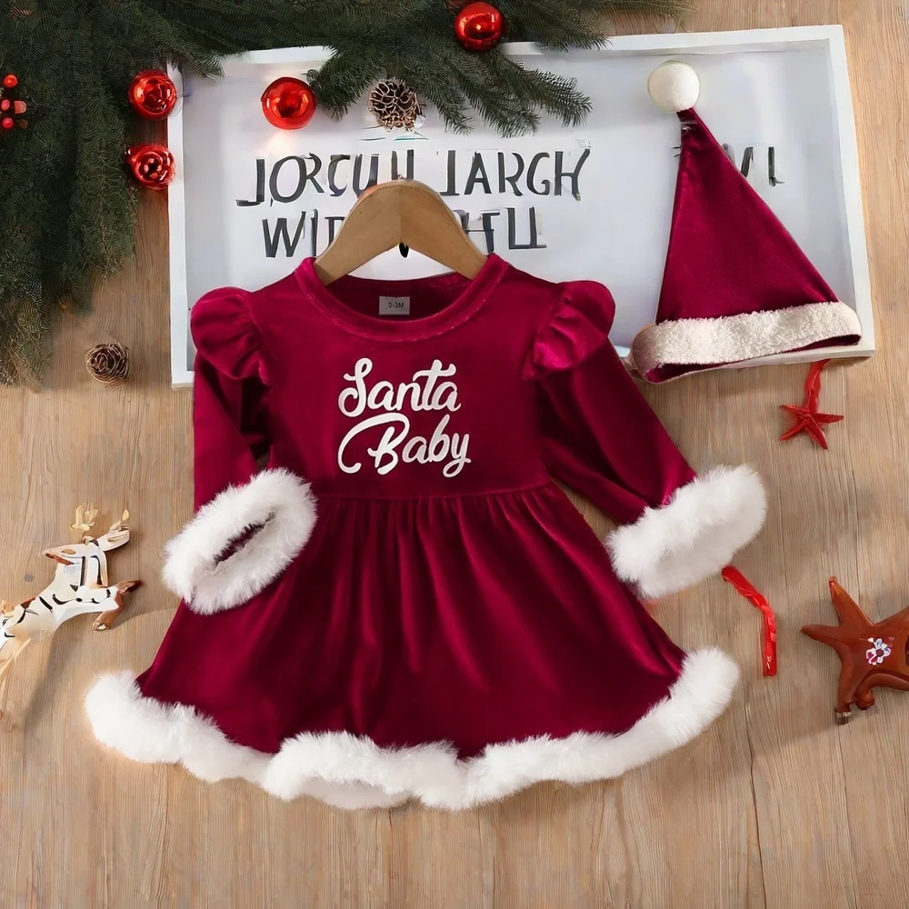 

Autumn Winter Christmas Dress For Baby Girl Clothes Long Sleeve Bodysuit Dresses with Hat Santa Baby My First Christmas Costume