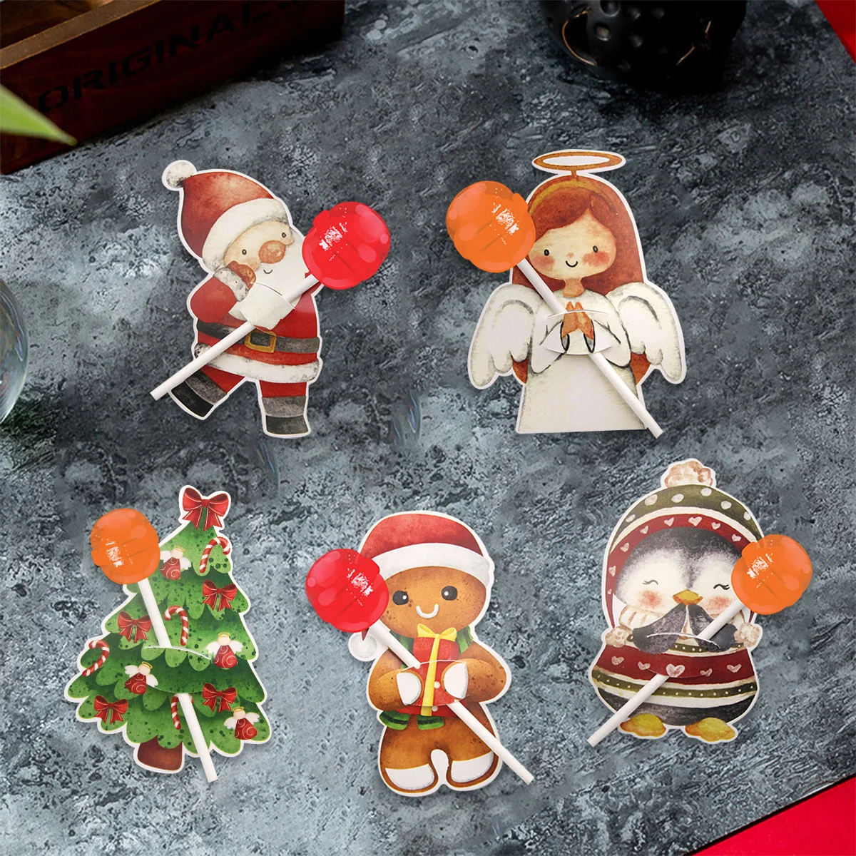 48 قطعة بطاقات مصاصة عيد الميلاد الكرتونية الملاك/سانتا/الزنجبيل رجل حوامل الحلوى لحفلة عيد ميلاد سعيد الاطفال الحلويات التعبئة والتغليف