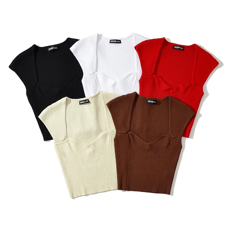 

American Retro Sexy Square Collar ort Knitted Top Slimming Base Layer irt Street Sle Svel Pure Color Knitwear