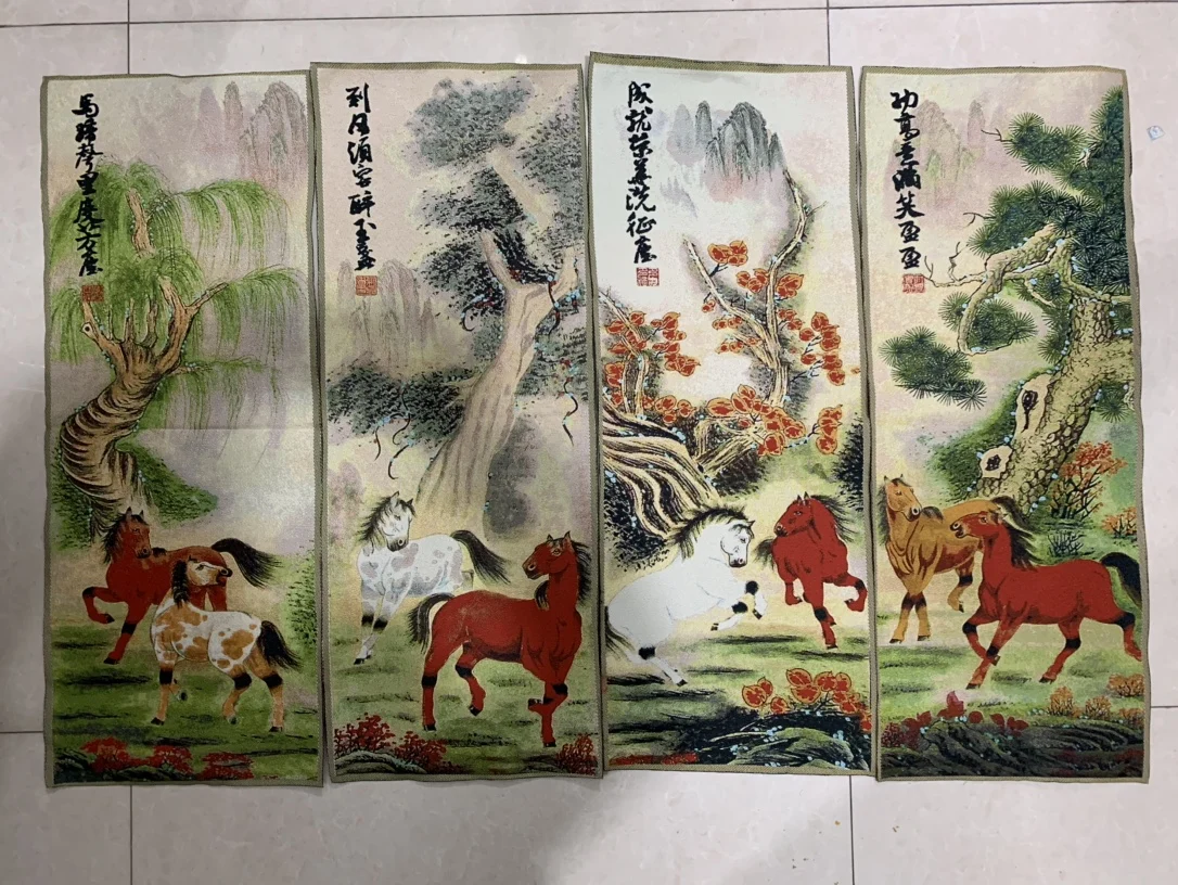 

Chinese Collection Antique Embroidered Silk Four Screen Horses Hanging Paintings Home Living Room Decorations Folk Artworks