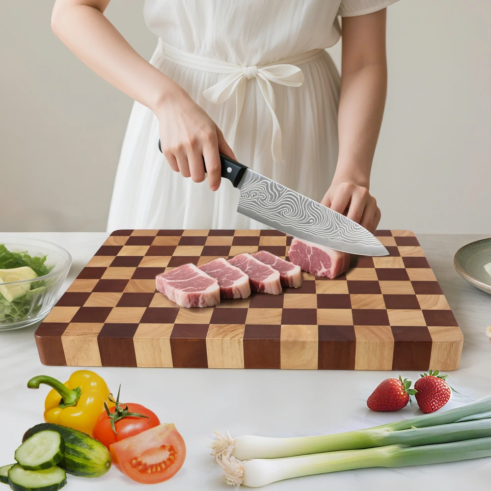 Jaswehome Rubberwood Cutting Board Chessboard Pattern Board Double-sided Fruit vegetable Kitchen Chopping Block Cheese Boards