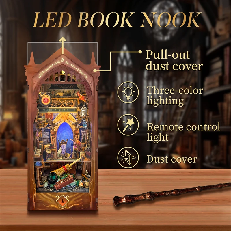 DIY Wooden Magic Academy Book Nook Shelf Insert Miniature Model Kits Bookshelf with Light Bookend for Friends Birthday Gifts