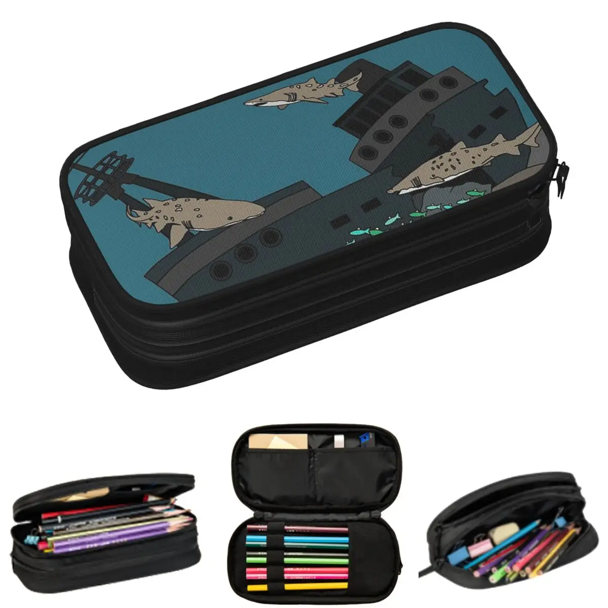

Cartoon Fish And Sinking Ship Pencil Cases for Students School Pen Box Pencil Bag Big Capacity Pencil Pouch