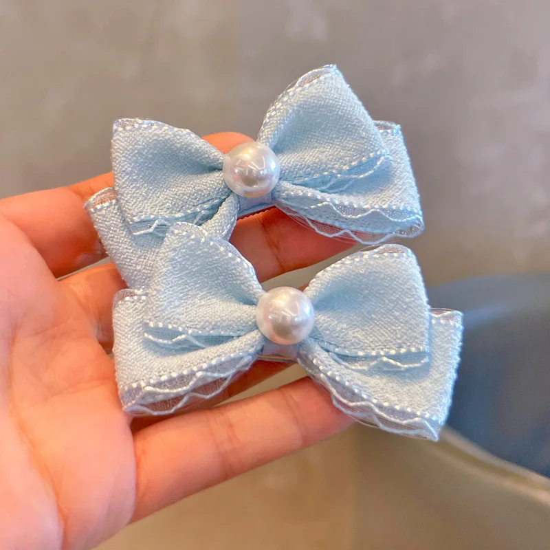 48 Pcs/Lot Lace Trim Ribbon Bow Hair Clips With Pearl Center For Kids Girls Hair Accessories view 5