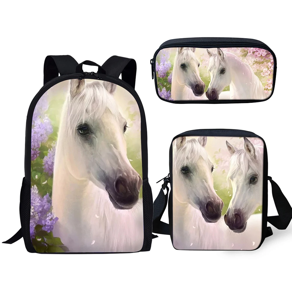 Mochila Harajuku con estampado 3D de caballos, bolso de hombro para ordenador portátil, estuche para lápices, novedad, Juego de 3 unidades